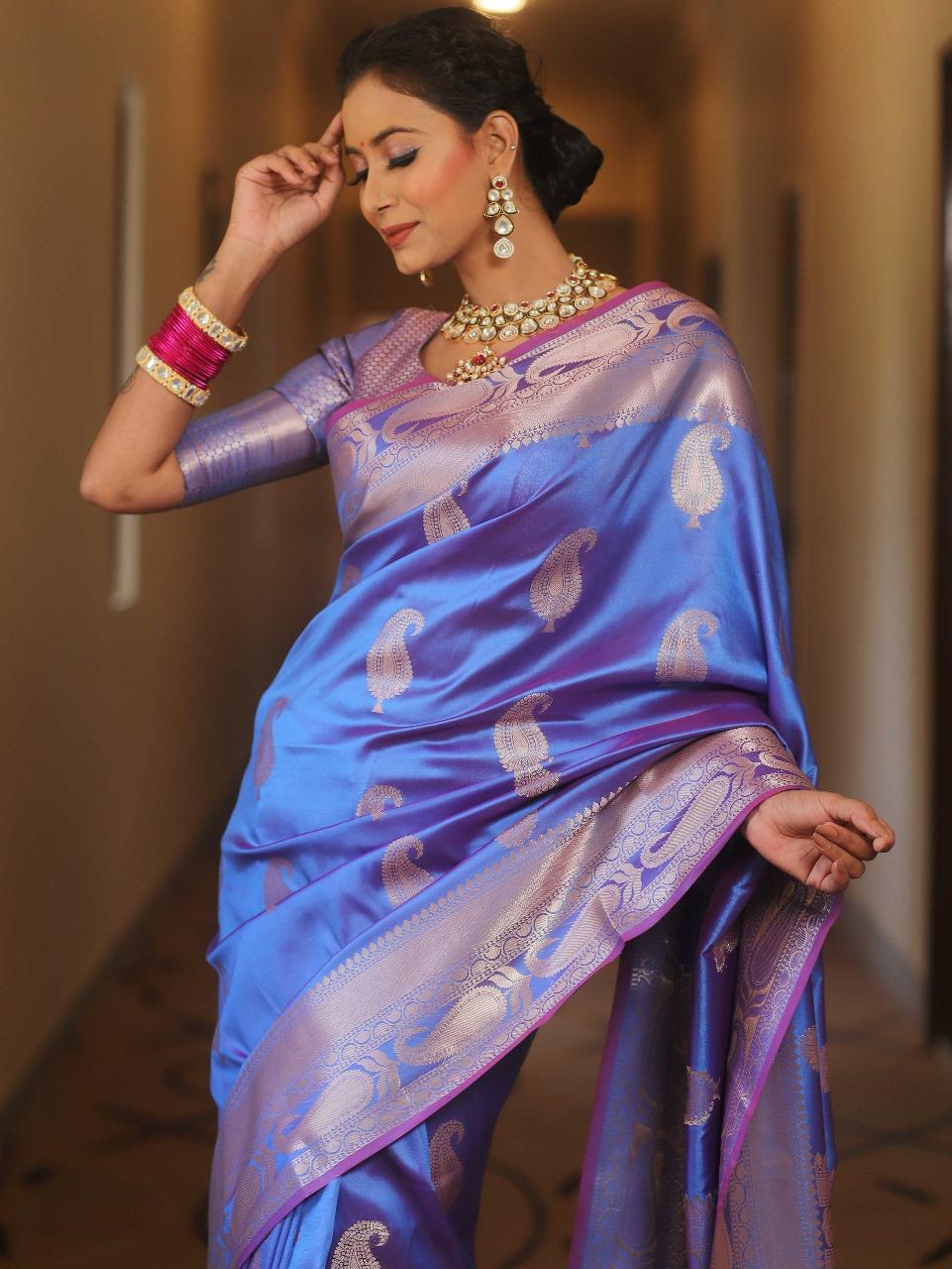 Designer Blue Soft Banarasi Silk Saree With Magnetic Blouse Piece