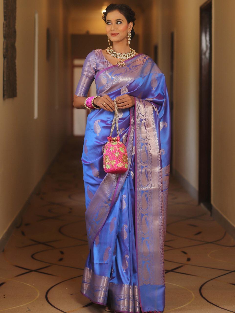 Designer Blue Soft Banarasi Silk Saree With Magnetic Blouse Piece