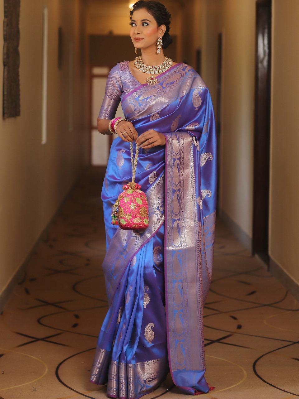 Designer Blue Soft Banarasi Silk Saree With Magnetic Blouse Piece