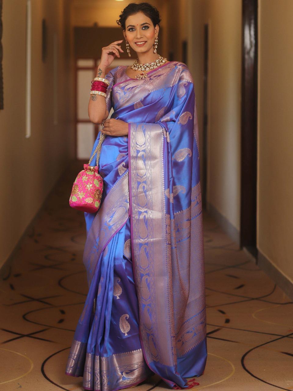 Designer Blue Soft Banarasi Silk Saree With Magnetic Blouse Piece