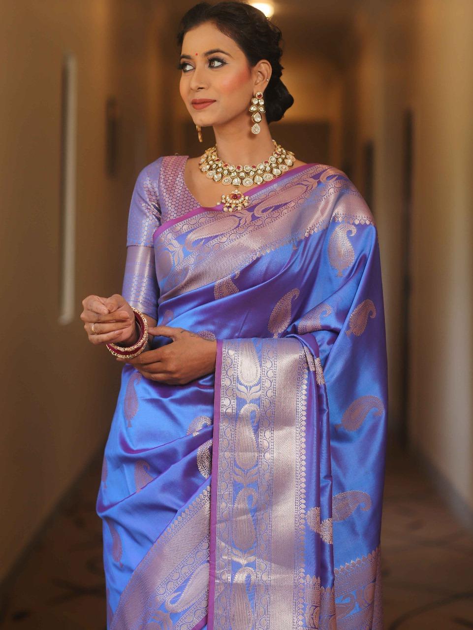 Designer Blue Soft Banarasi Silk Saree With Magnetic Blouse Piece