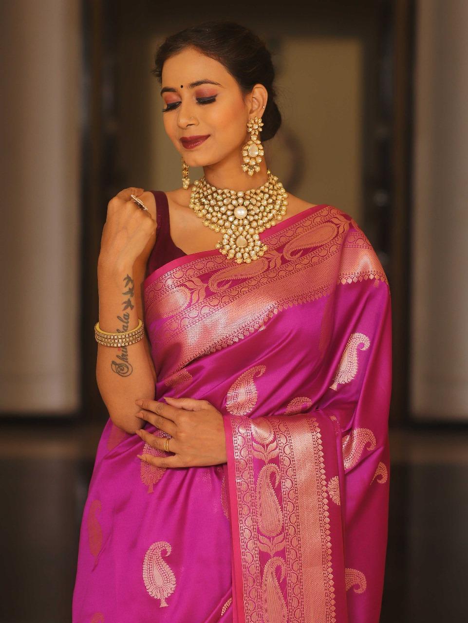 Opulent Dark Pink Soft Banarasi Silk Saree With Palimpsest Blouse Piece