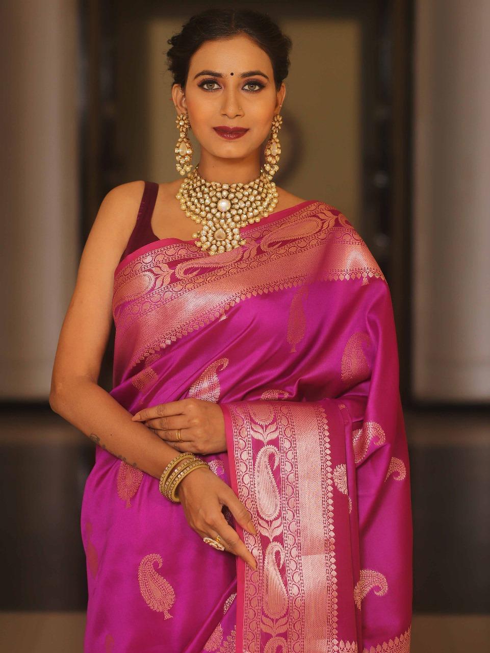 Opulent Dark Pink Soft Banarasi Silk Saree With Palimpsest Blouse Piece