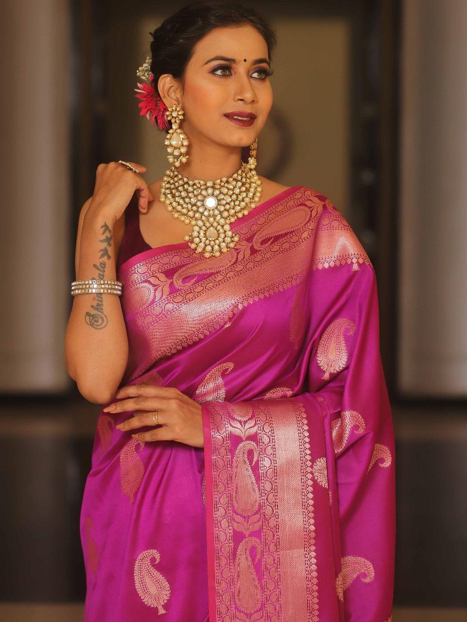 Opulent Dark Pink Soft Banarasi Silk Saree With Palimpsest Blouse Piece