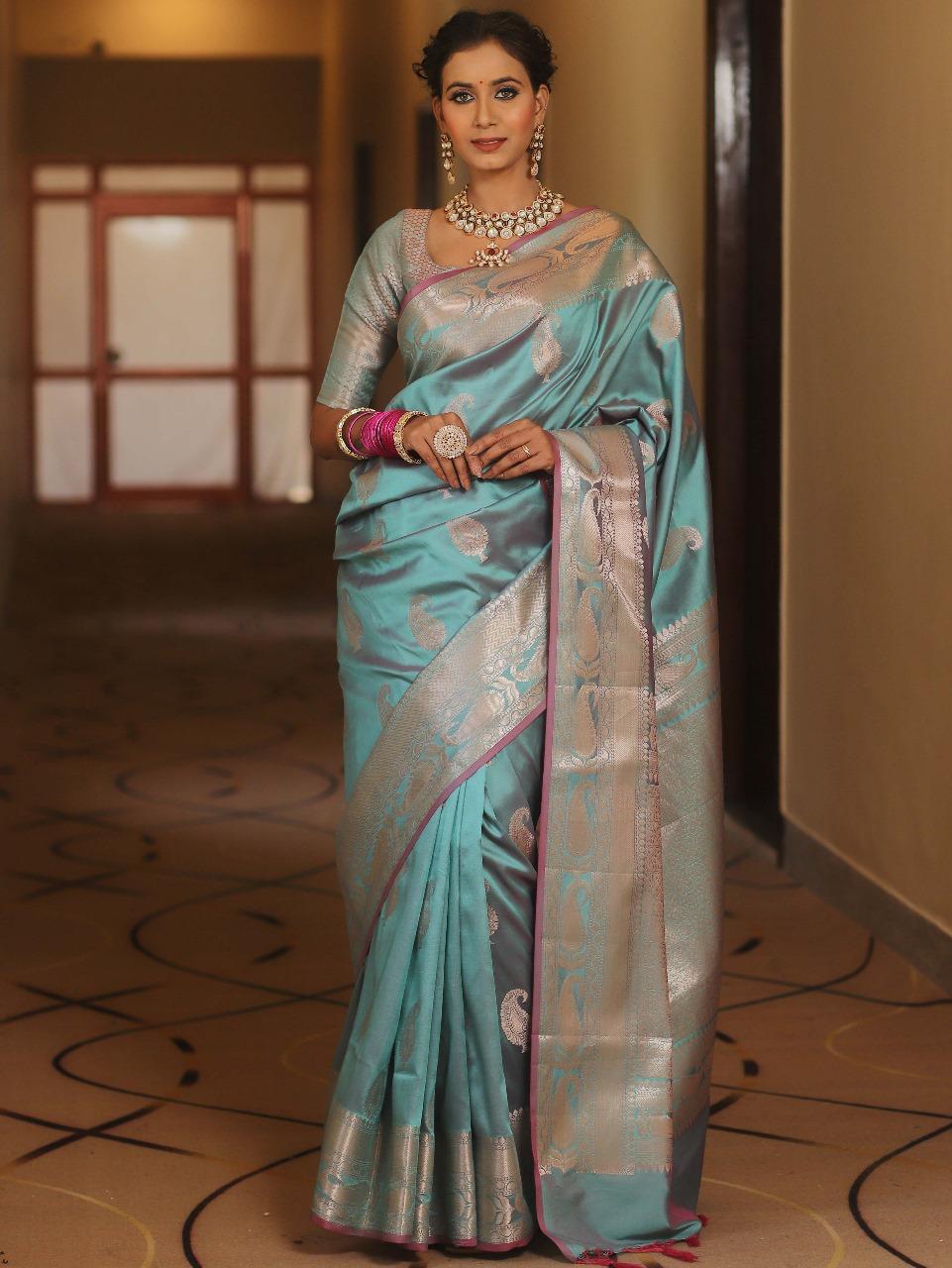 Prodigal Firozi Soft Banarasi Silk Saree With Designer Blouse Piece