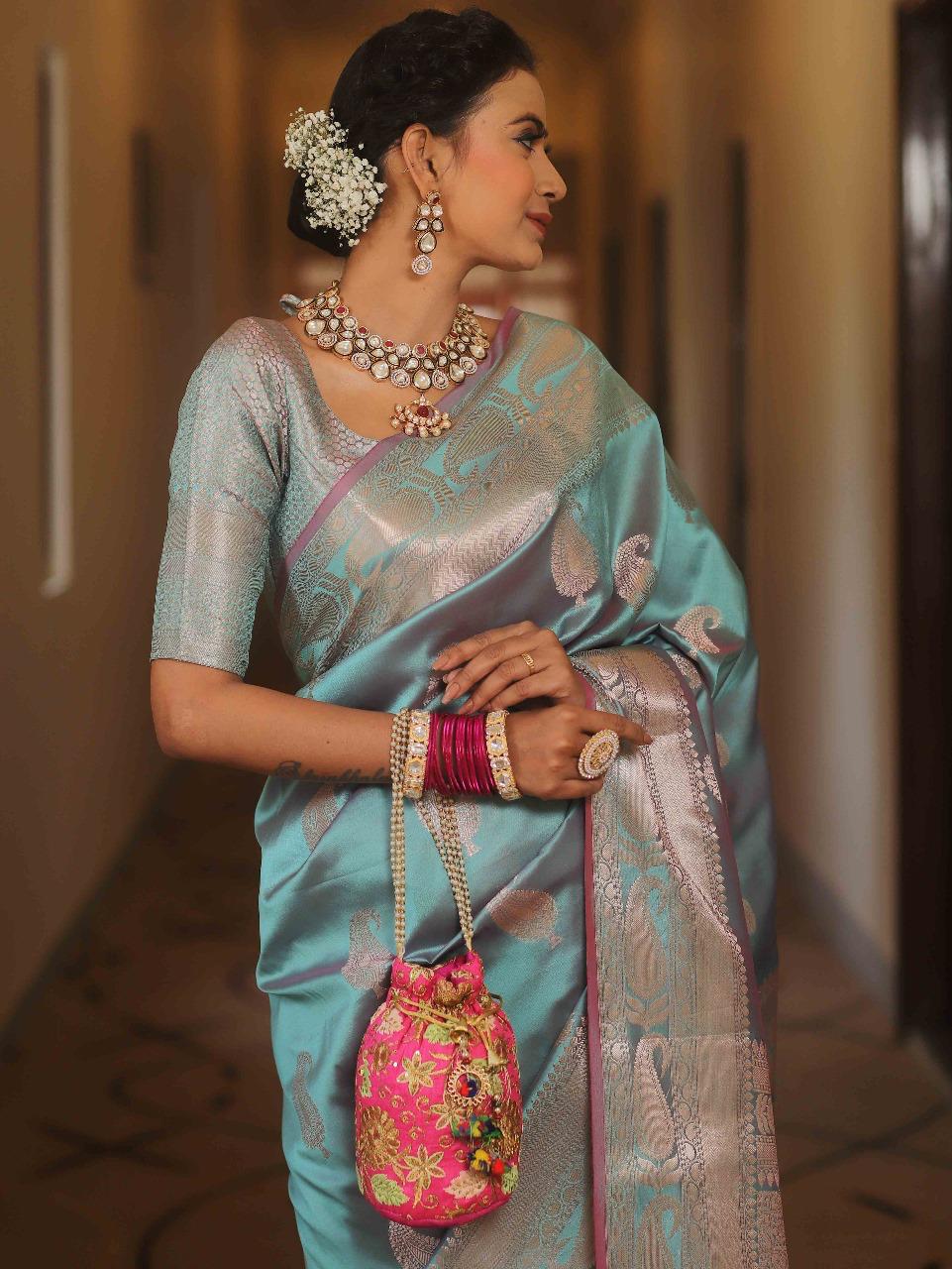 Prodigal Firozi Soft Banarasi Silk Saree With Designer Blouse Piece