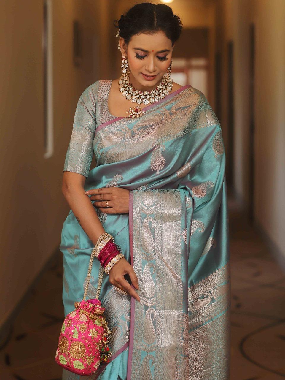 Prodigal Firozi Soft Banarasi Silk Saree With Designer Blouse Piece