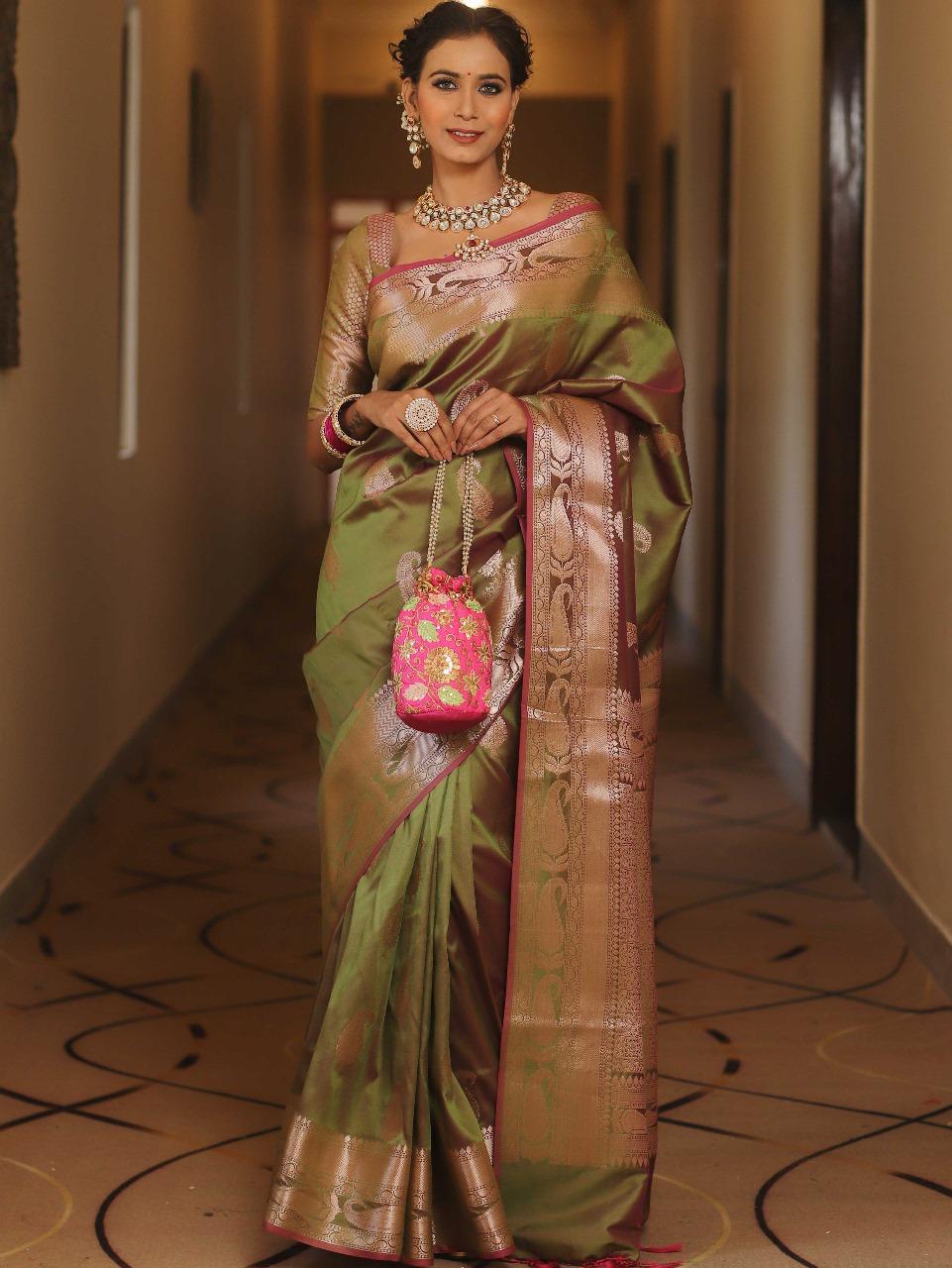 Staggering Mehndi Soft Banarasi Silk Saree With Stunner Blouse Piece