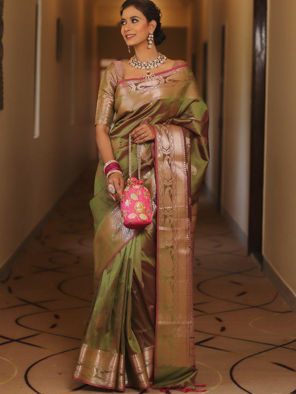 Staggering Mehndi Soft Banarasi Silk Saree With Stunner Blouse Piece