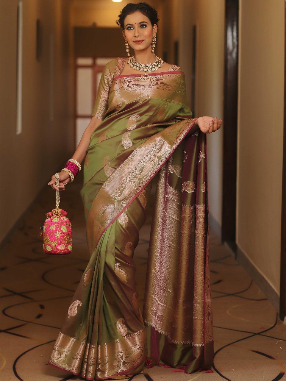 Staggering Mehndi Soft Banarasi Silk Saree With Stunner Blouse Piece