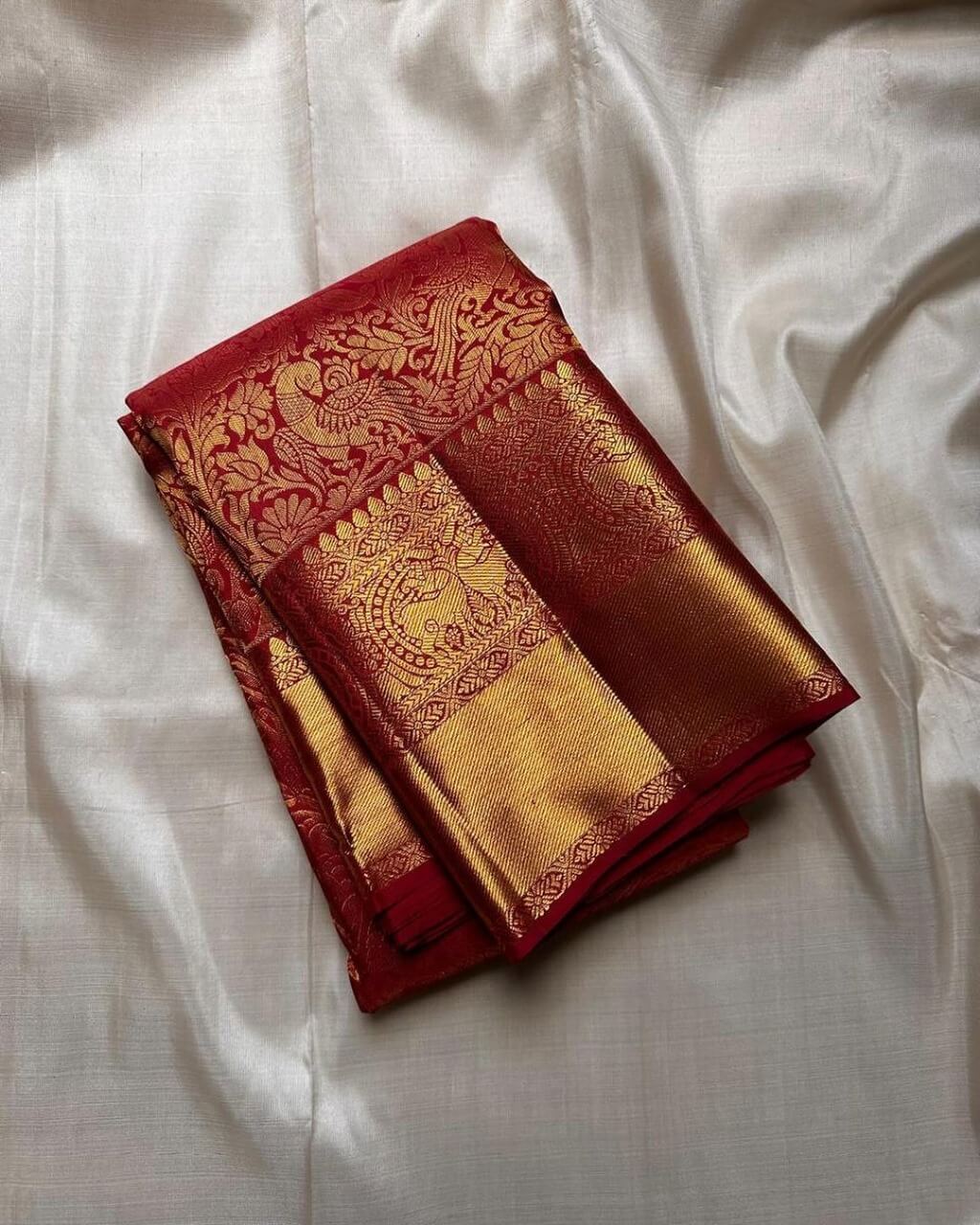 Whimsical Red Soft Banarasi Silk Saree With Pleasant Blouse Piece