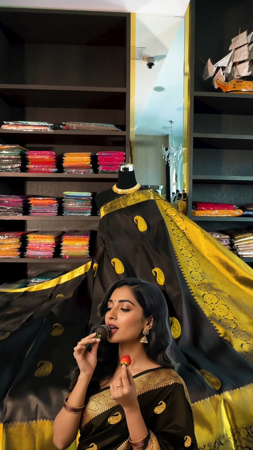 Serendipity Black Soft Banarasi Silk Saree With Adorable Blouse Piece