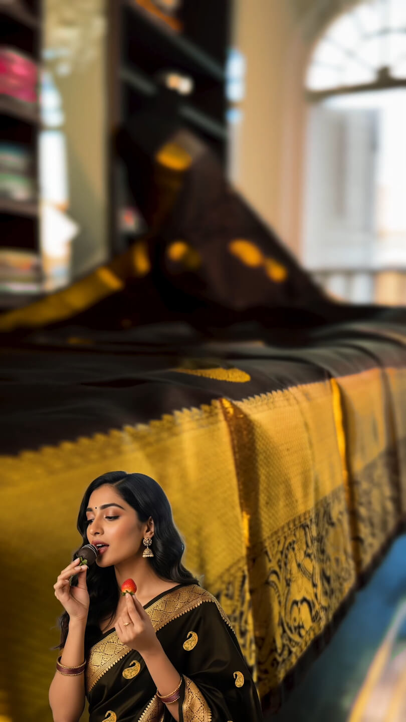 Serendipity Black Soft Banarasi Silk Saree With Adorable Blouse Piece