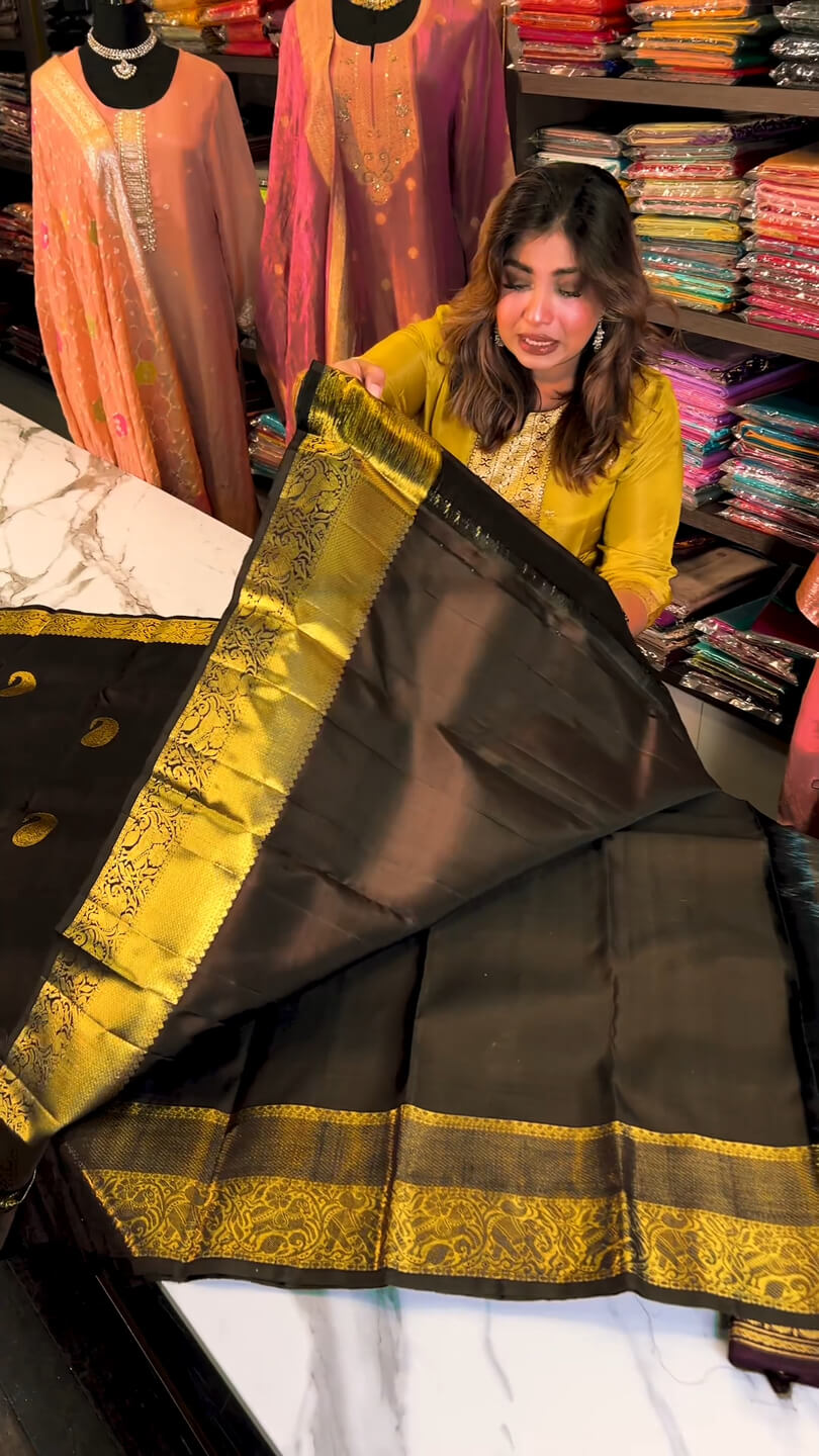 Serendipity Black Soft Banarasi Silk Saree With Adorable Blouse Piece