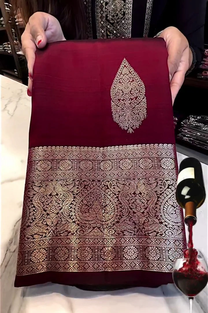 Ephemeral Wine Soft Banarasi Silk Saree With Extraordinary Blouse Piece