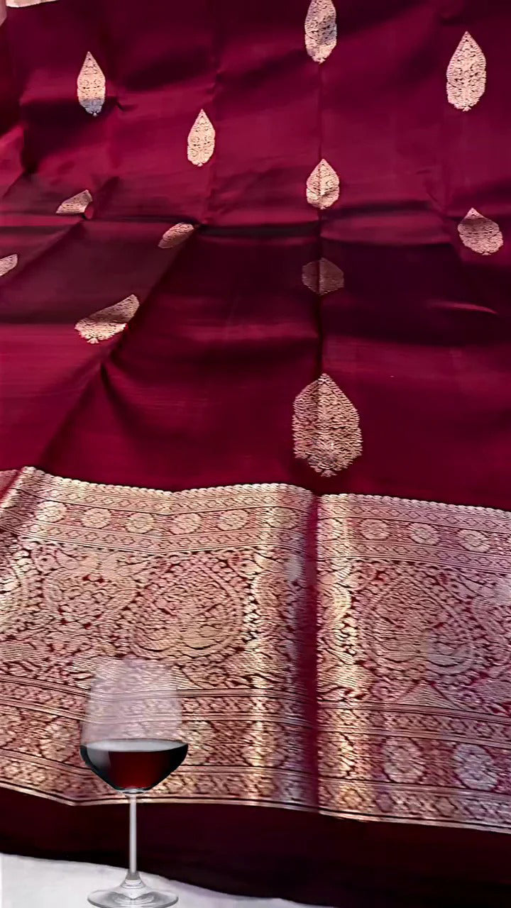 Ephemeral Wine Soft Banarasi Silk Saree With Extraordinary Blouse Piece