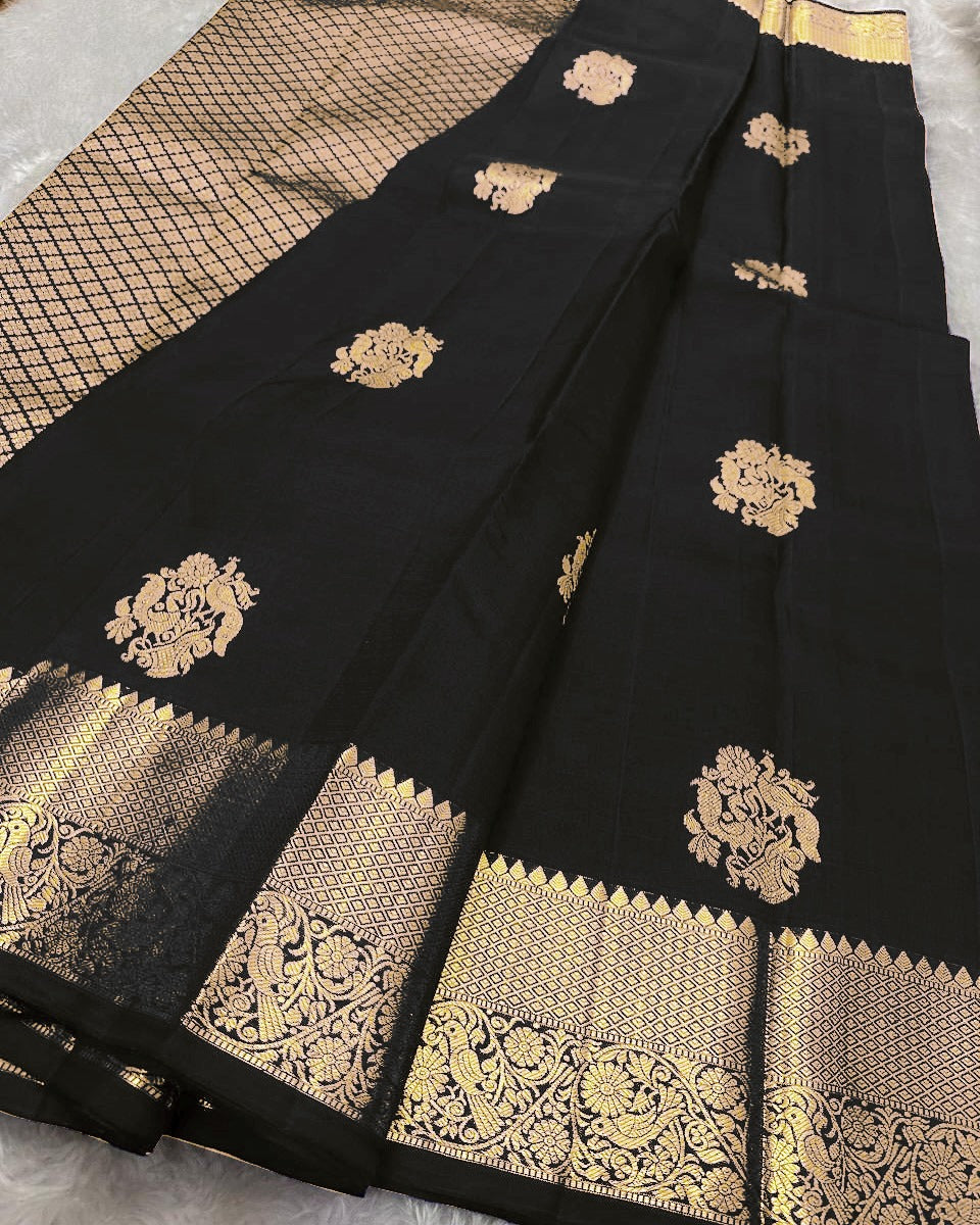 Resplendent Black Soft Banarasi Silk Saree With Susurrous Blouse Piece