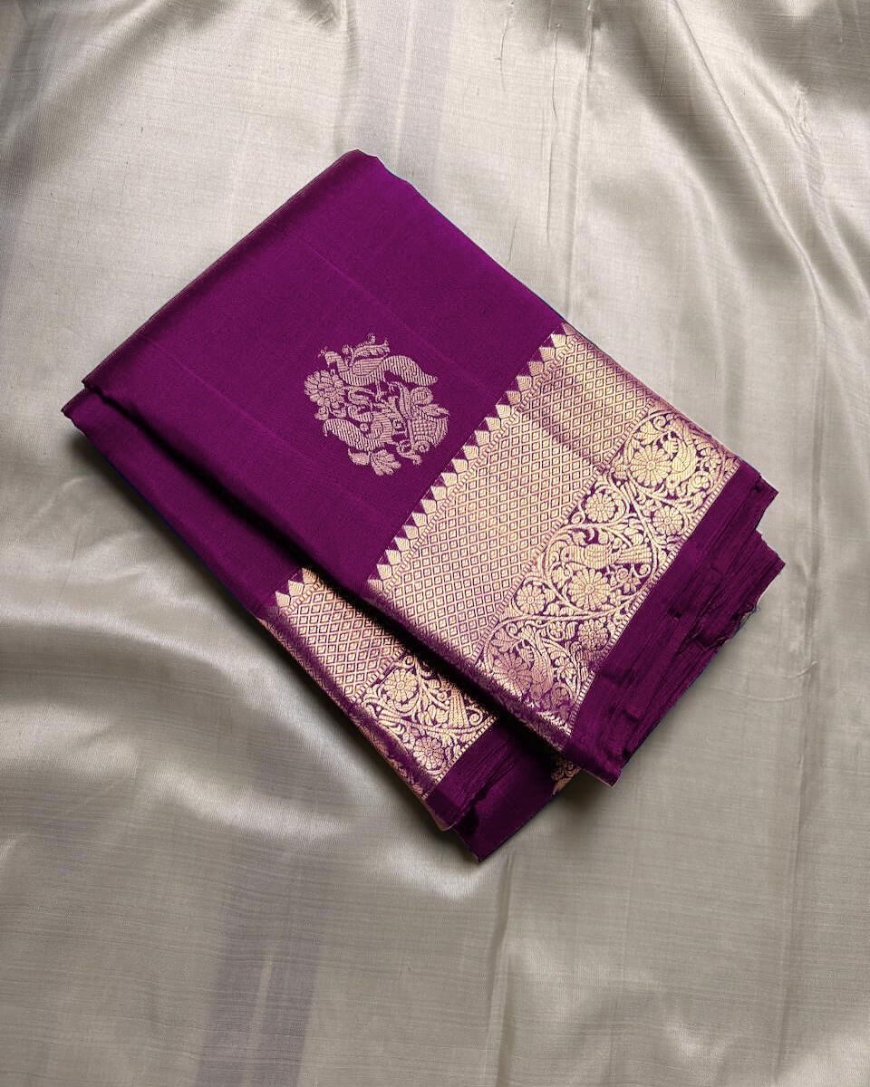 Ethnic Purple Soft Banarasi Silk Saree With Flattering Blouse Piece