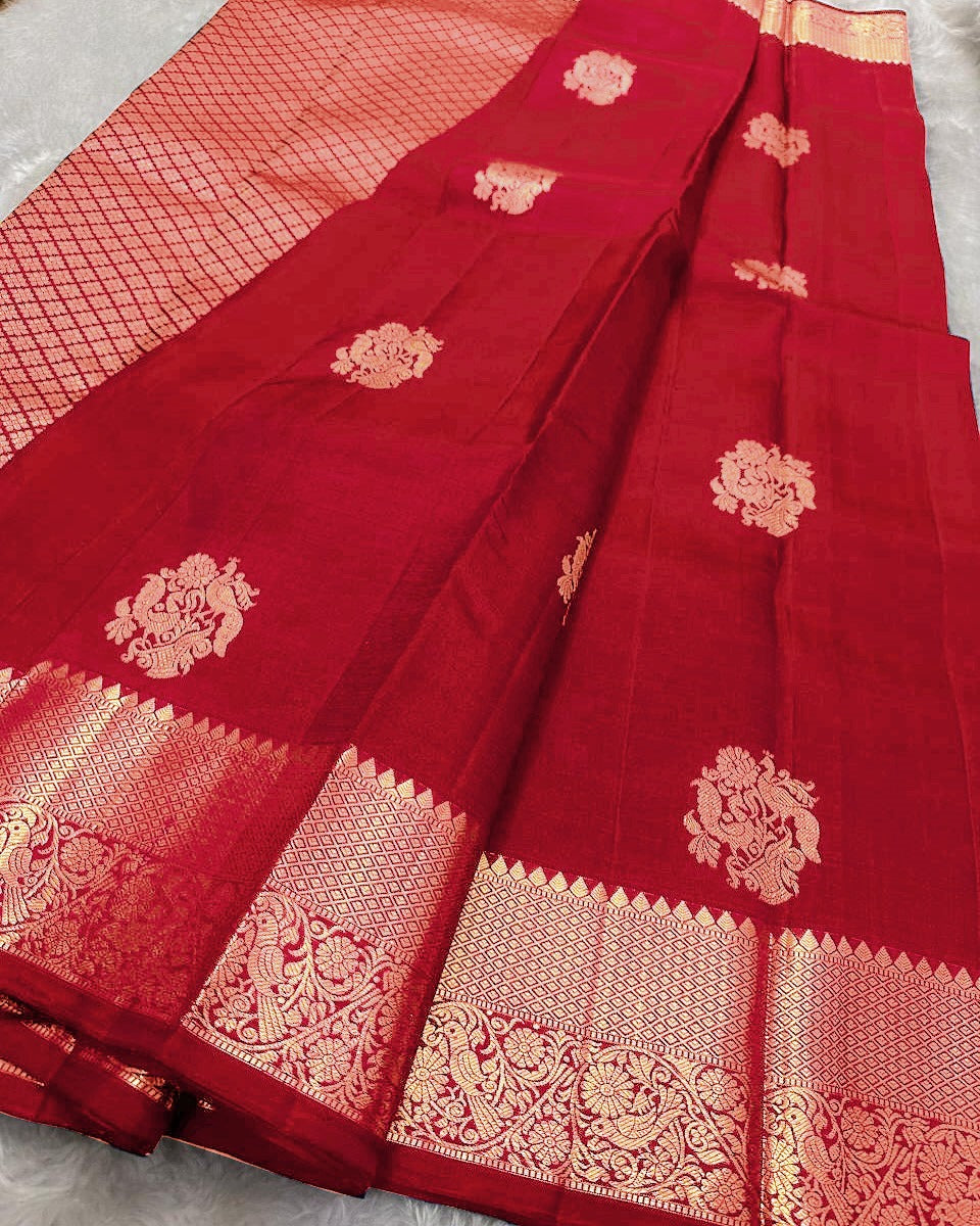 Piquant Red Soft Banarasi Silk Saree With Desiring Blouse Piece