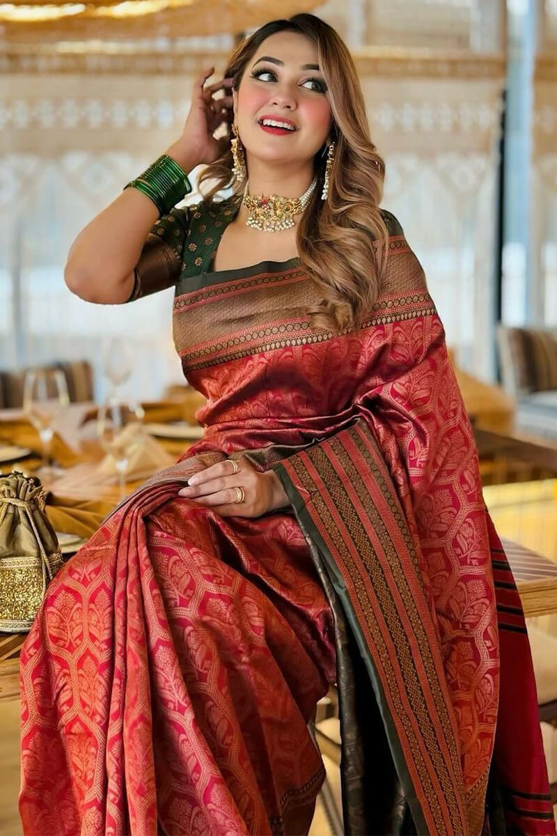 Evanescent Maroon Soft Silk Saree With Extraordinary Blouse Piece