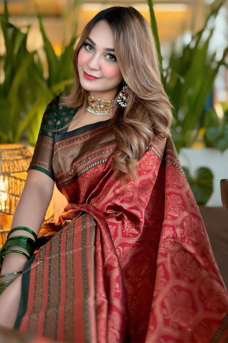 Evanescent Maroon Soft Silk Saree With Extraordinary Blouse Piece