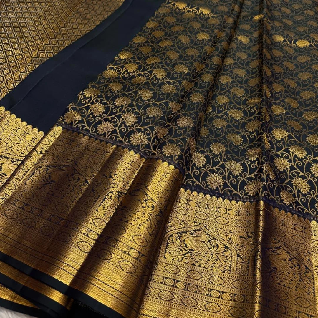 Girlish Black Soft Banarasi Silk Saree With Fugacious Blouse Piece