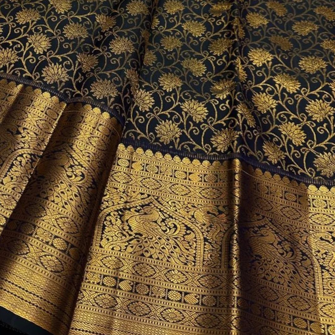 Girlish Black Soft Banarasi Silk Saree With Fugacious Blouse Piece
