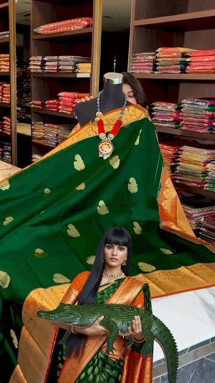 Fairytale Dark Green Soft Banarasi Silk Saree With Amiable Blouse Piece