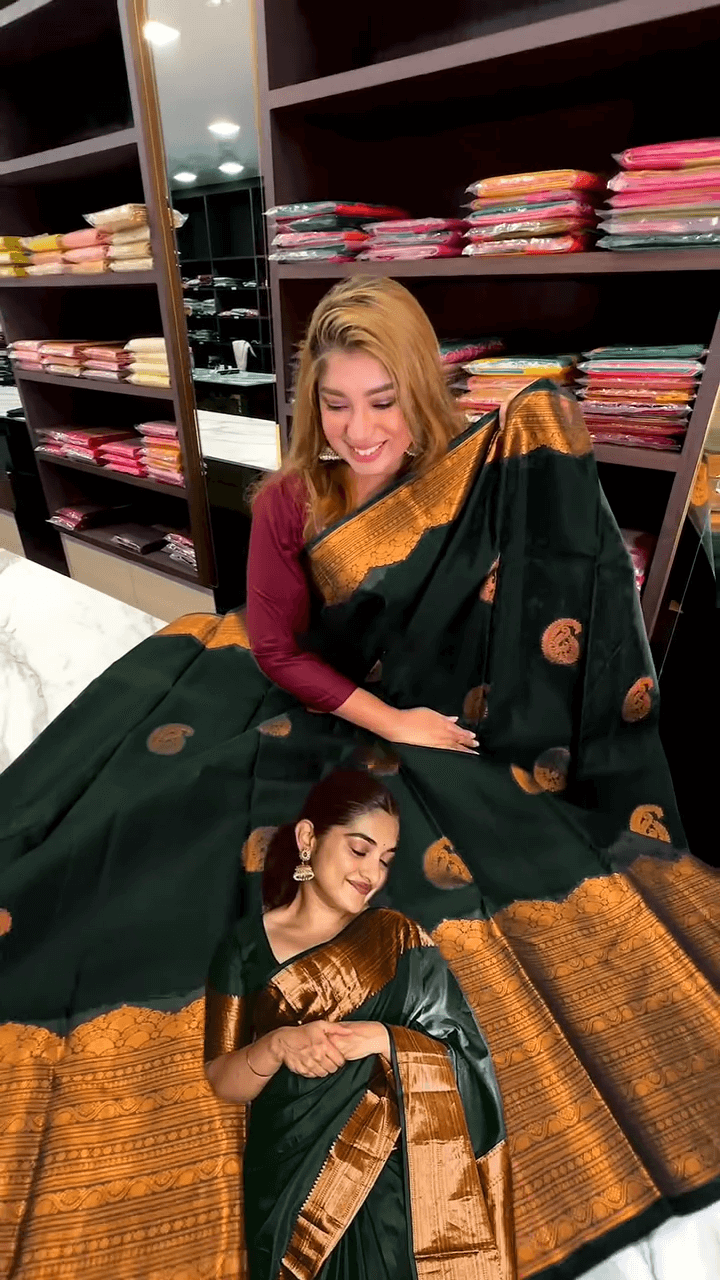 Ornate Dark Green Soft Banarasi Silk Saree With Wonderful Blouse Piece