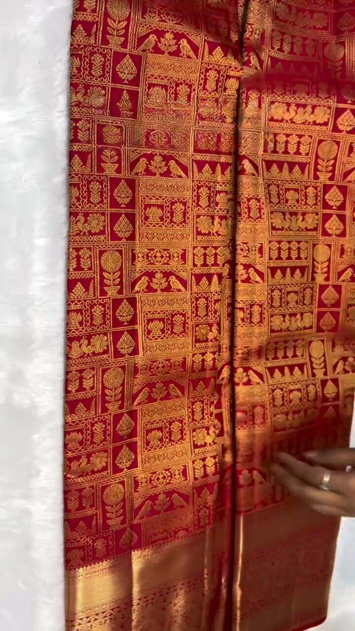 Outstanding Red Soft Banarasi Silk Saree With Whimsical Blouse Piece