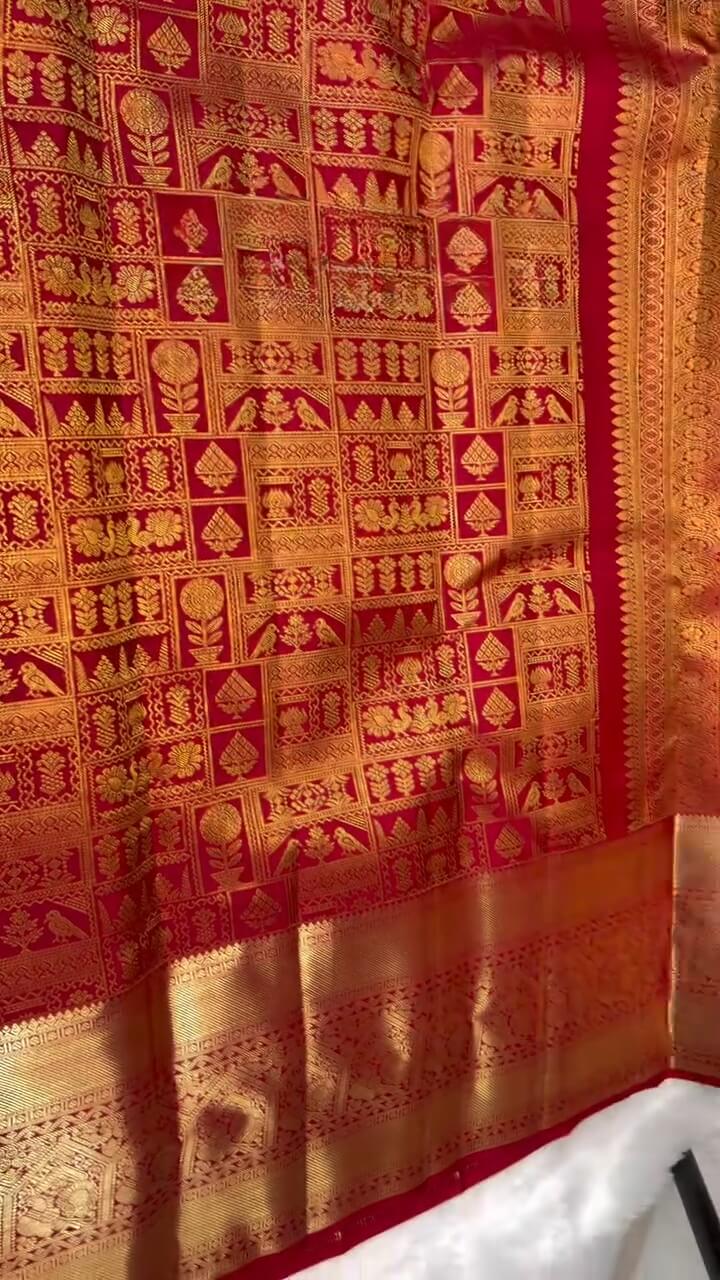 Outstanding Red Soft Banarasi Silk Saree With Whimsical Blouse Piece