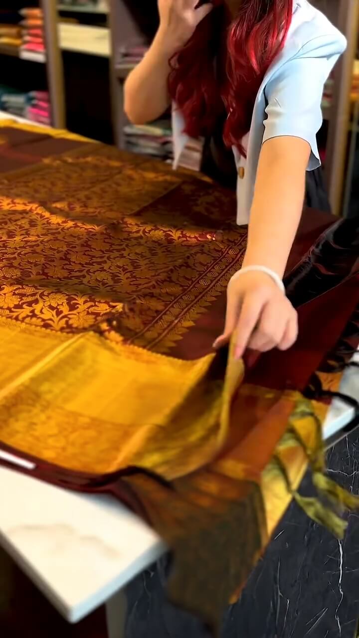 Fairytale Maroon Soft Banarasi Silk Saree With Desiring Blouse Piece