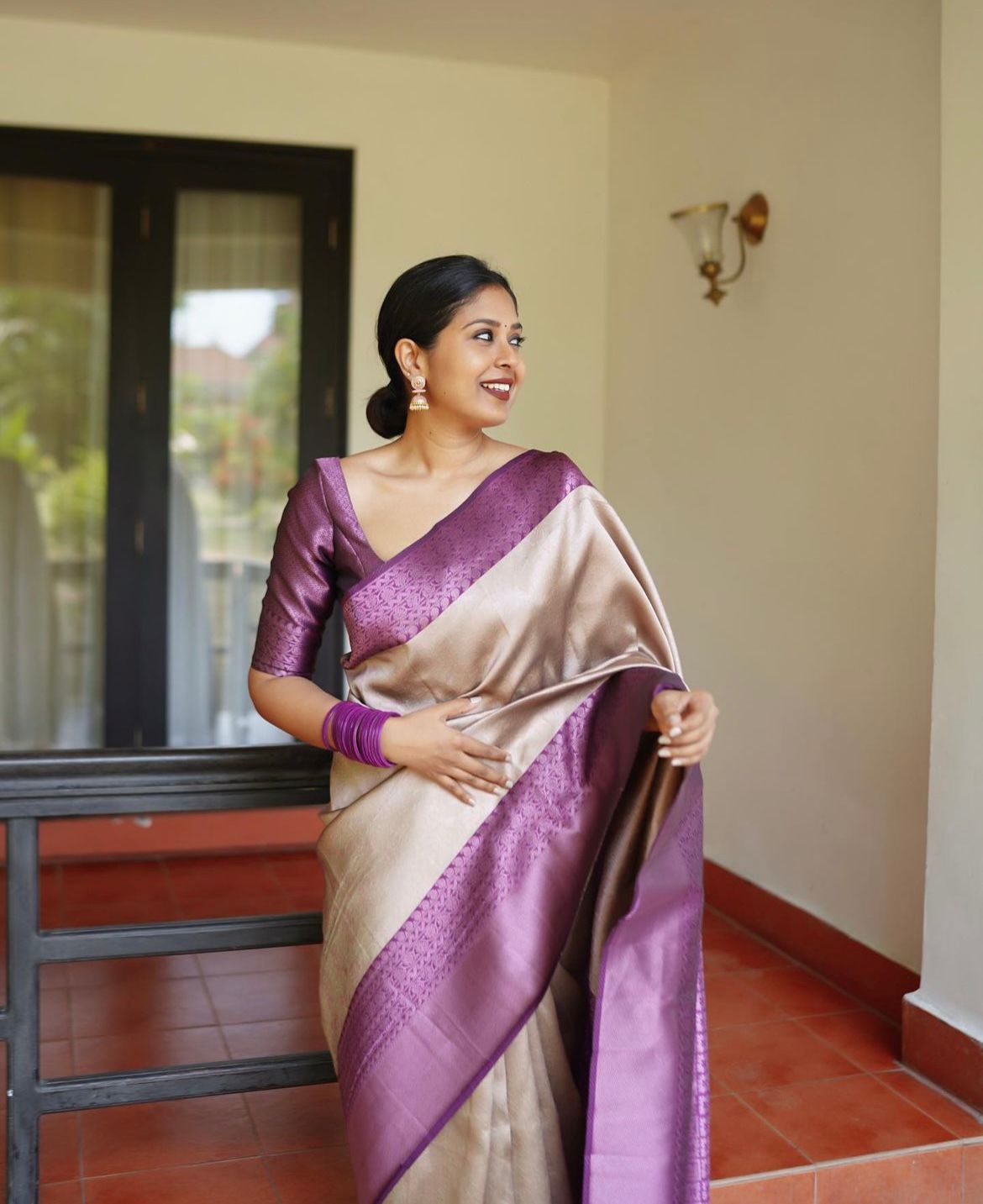 Comely Beige Soft Silk Saree With Engaging Blouse Piece