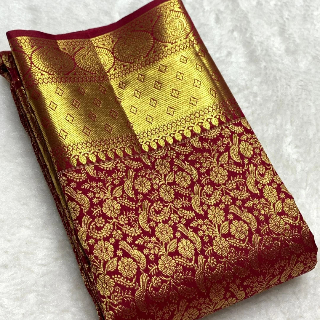 Nebula Red Soft Banarasi Silk Saree With Dalliance Blouse Piece