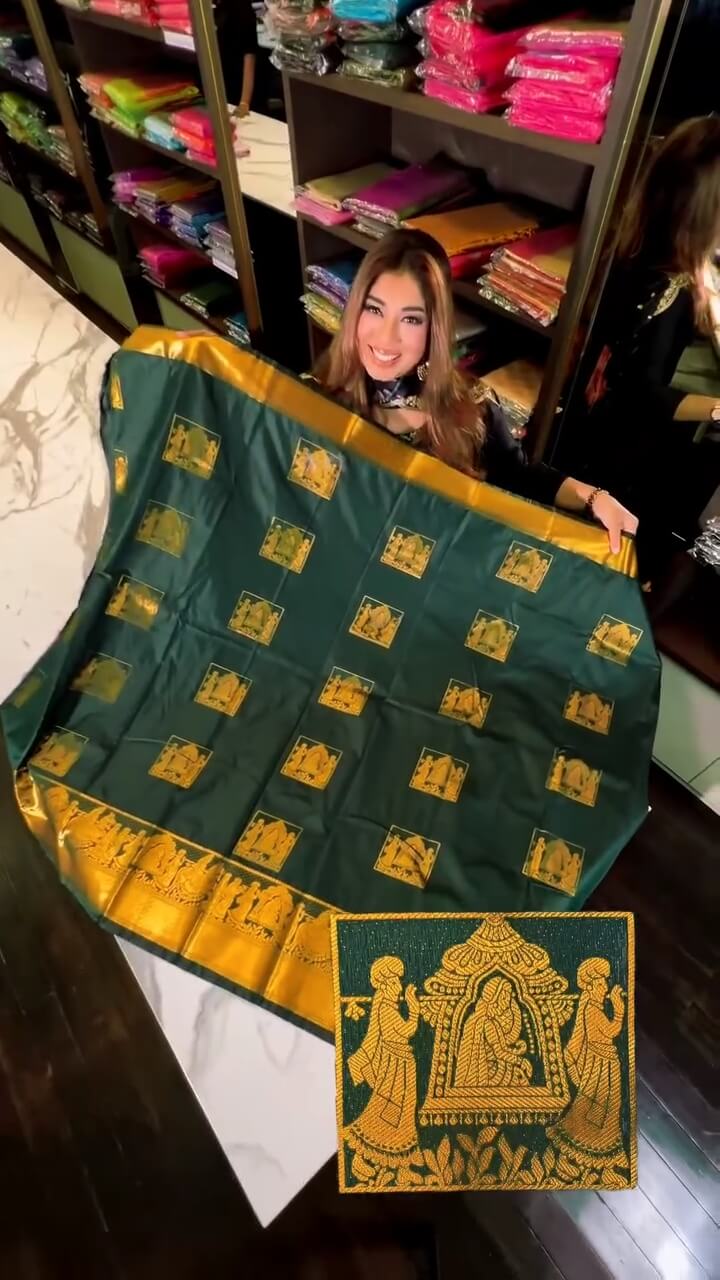 Chatoyant Dark Green Soft Banarasi Silk Saree With Prominent Blouse Piece