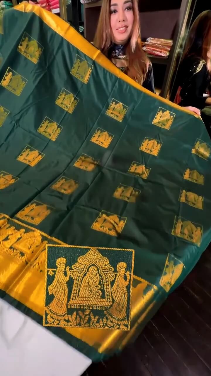 Chatoyant Dark Green Soft Banarasi Silk Saree With Prominent Blouse Piece