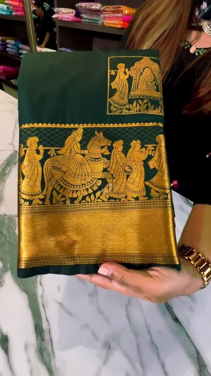 Chatoyant Dark Green Soft Banarasi Silk Saree With Prominent Blouse Piece