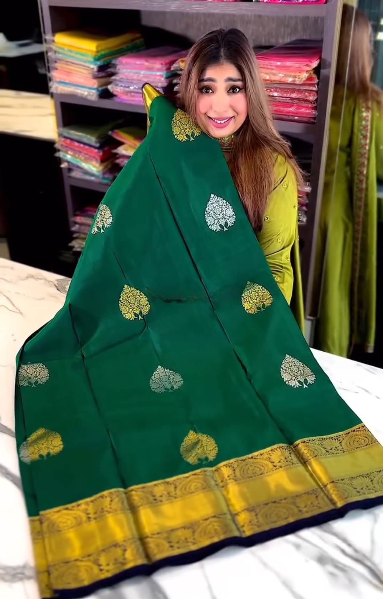Forbearance Dark Green Soft Banarasi Silk Saree With Palimpsest Blouse Piece