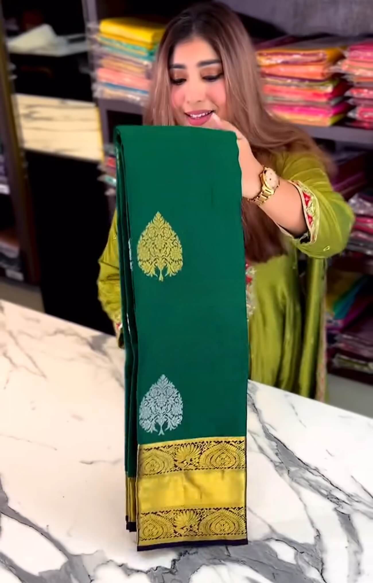 Forbearance Dark Green Soft Banarasi Silk Saree With Palimpsest Blouse Piece