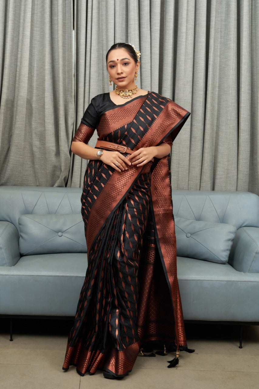 Admirable Black Soft Silk Saree With Lissome Blouse Piece