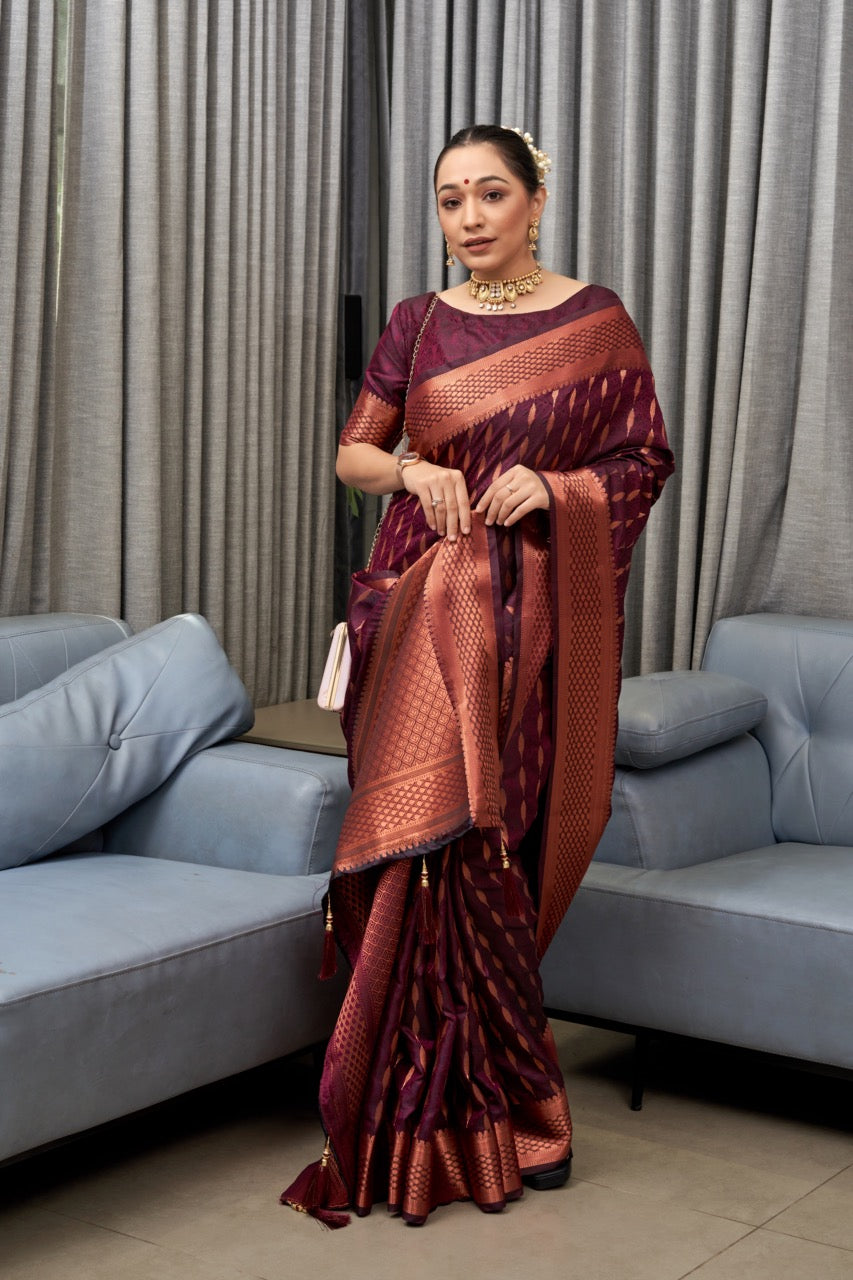 Exquisite Wine Soft Silk Saree With Appealing Blouse Piece