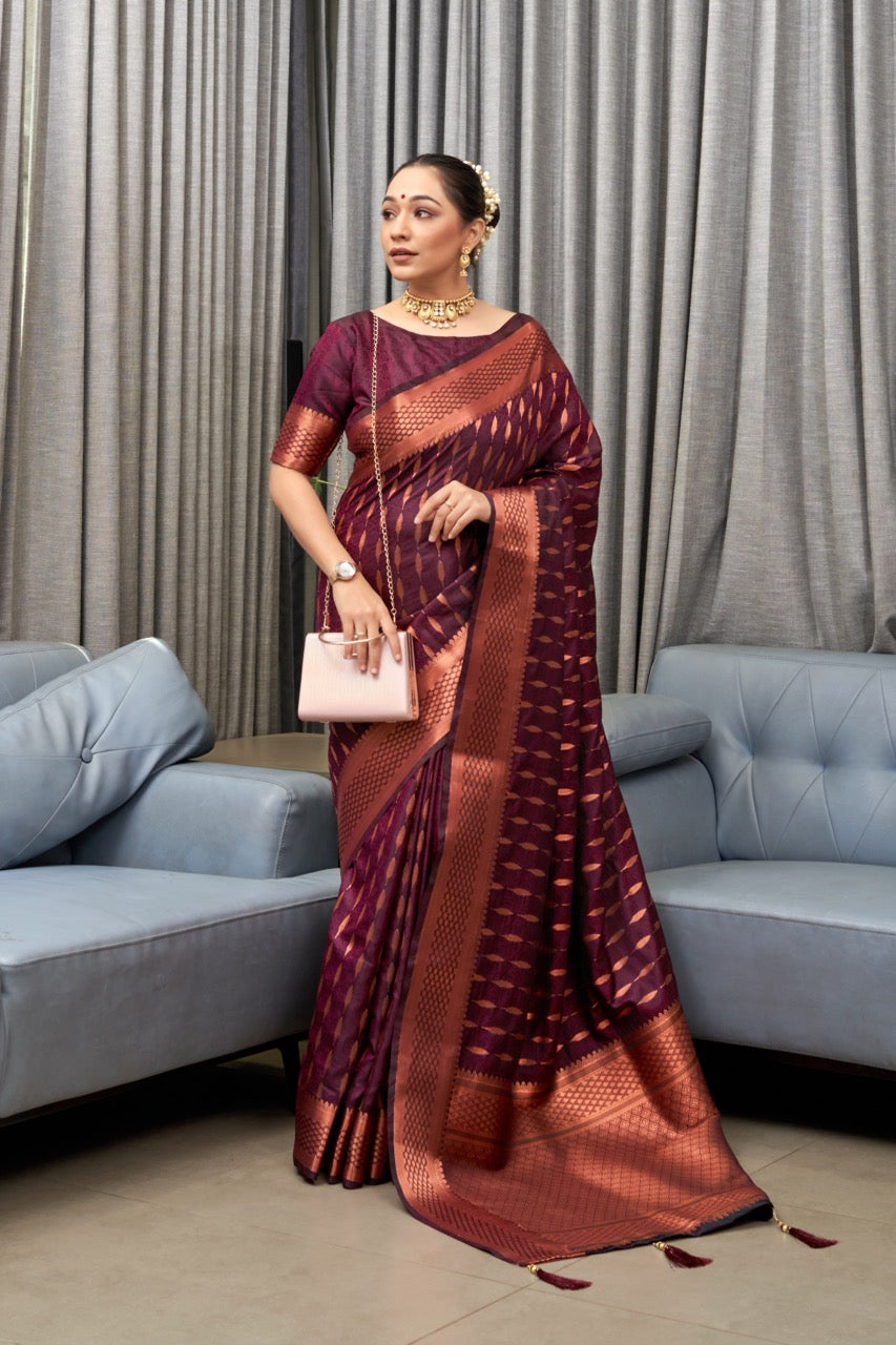 Exquisite Wine Soft Silk Saree With Appealing Blouse Piece