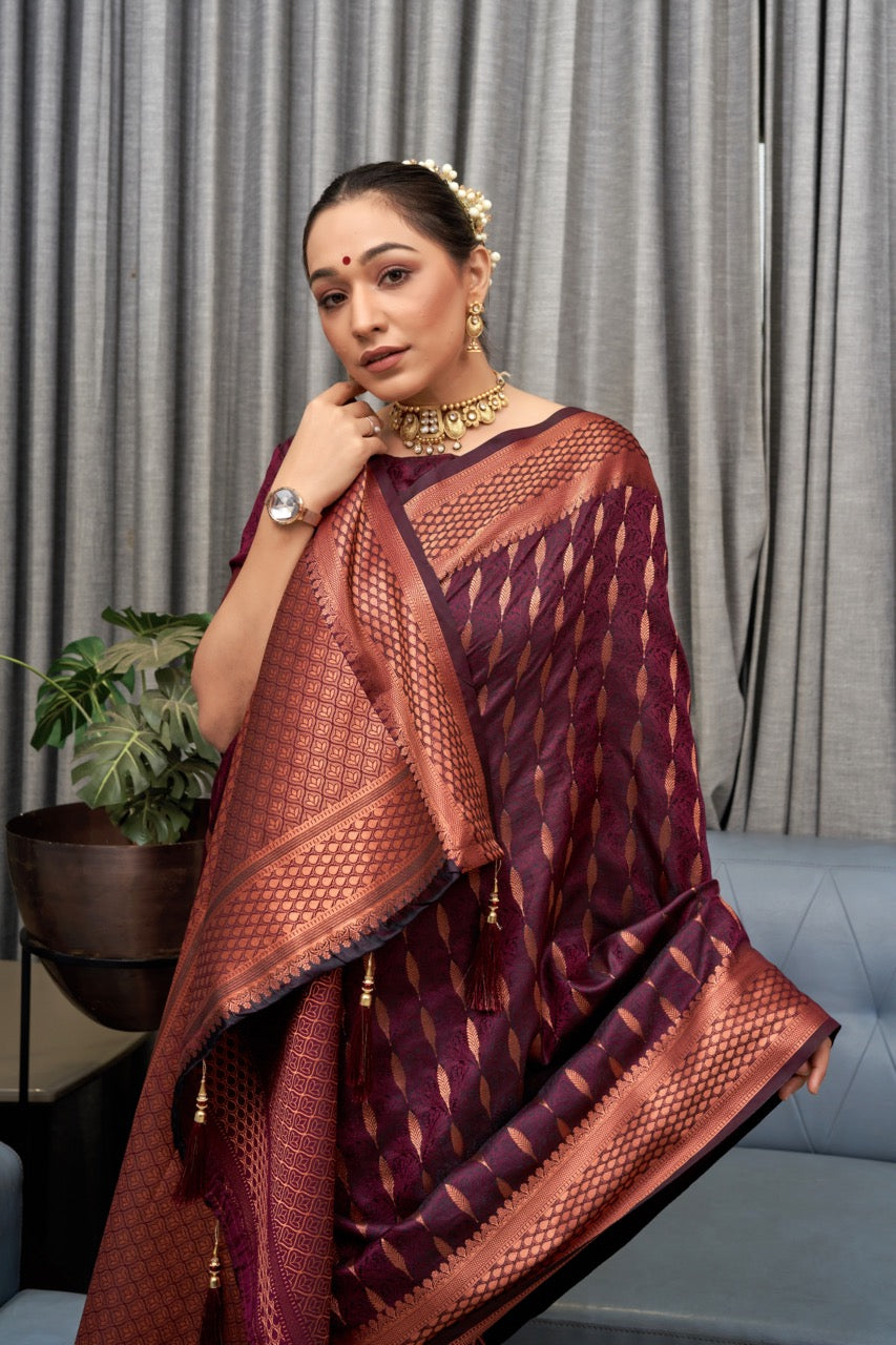 Exquisite Wine Soft Silk Saree With Appealing Blouse Piece