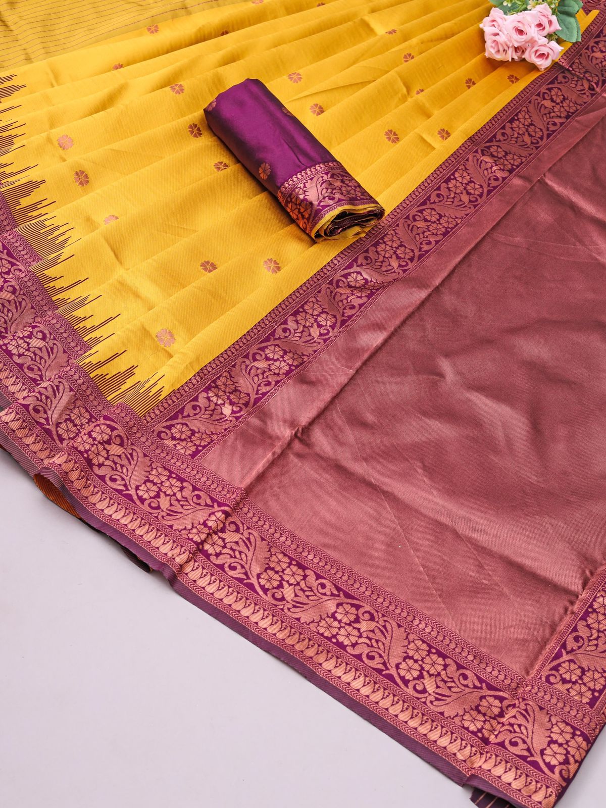 Flamboyant Yellow Soft Silk Saree With Flattering Blouse Piece