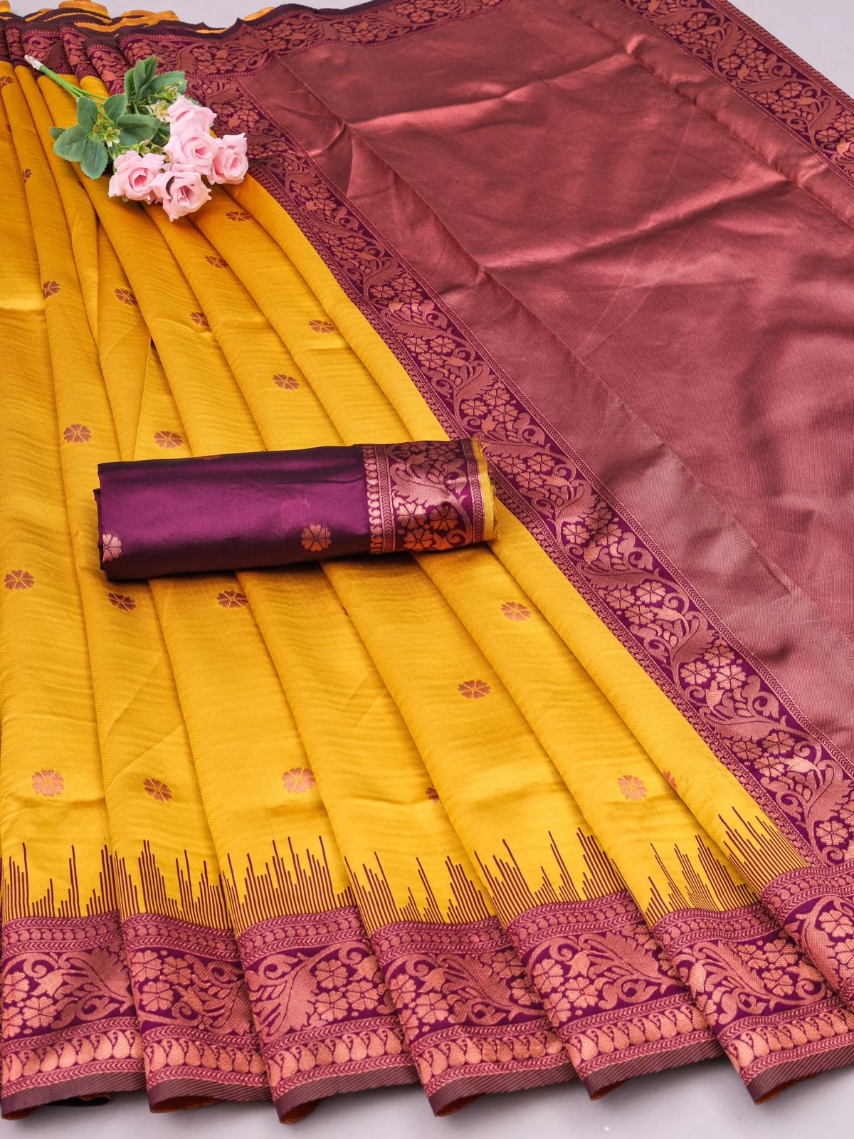 Flamboyant Yellow Soft Silk Saree With Flattering Blouse Piece