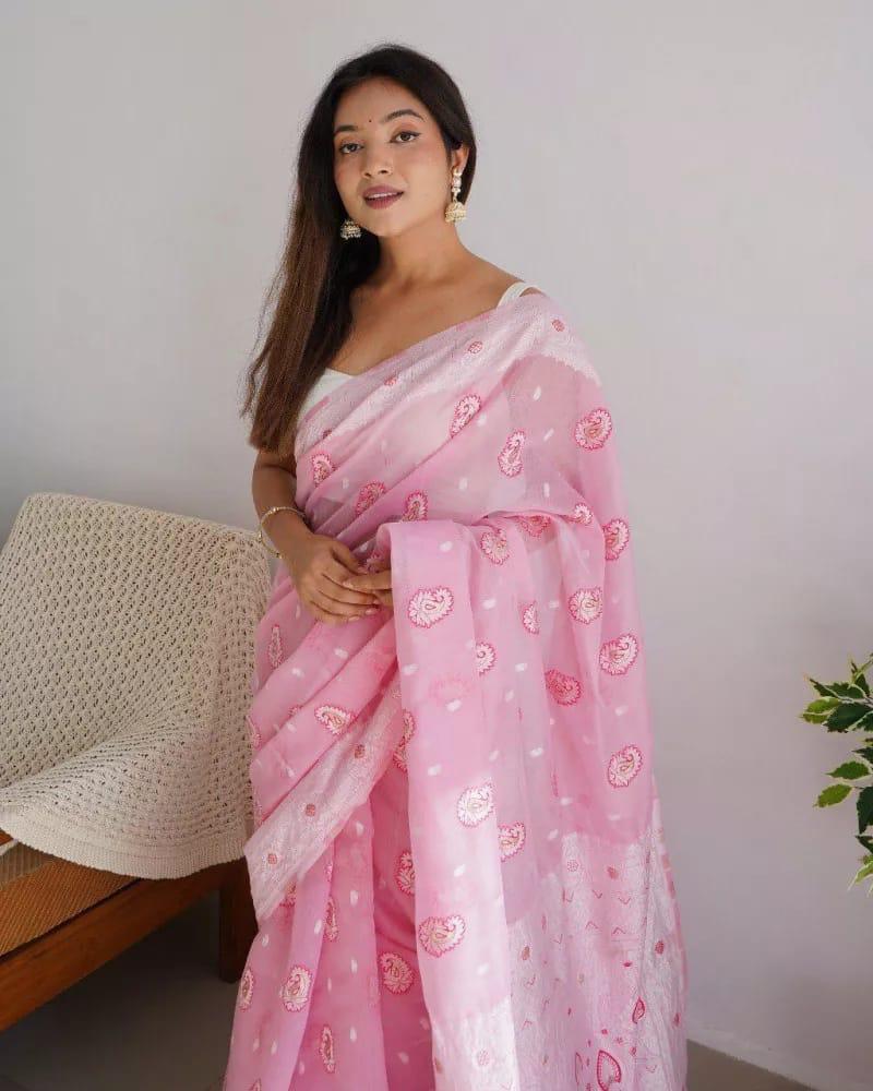 Majesty Baby Pink Cotton Silk Saree With Attractive Blouse Piece