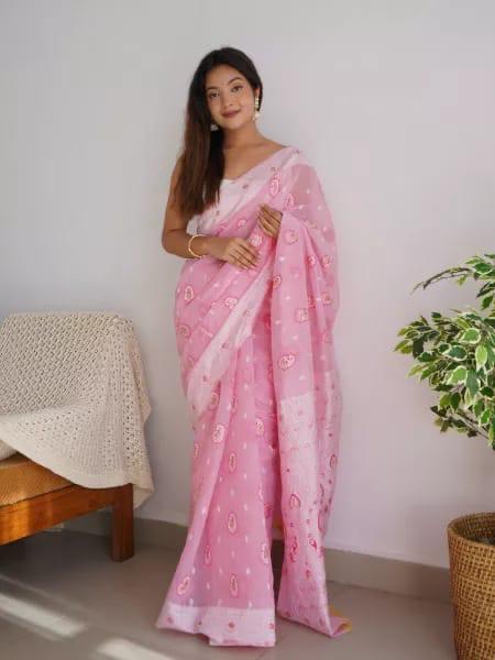 Majesty Baby Pink Cotton Silk Saree With Attractive Blouse Piece