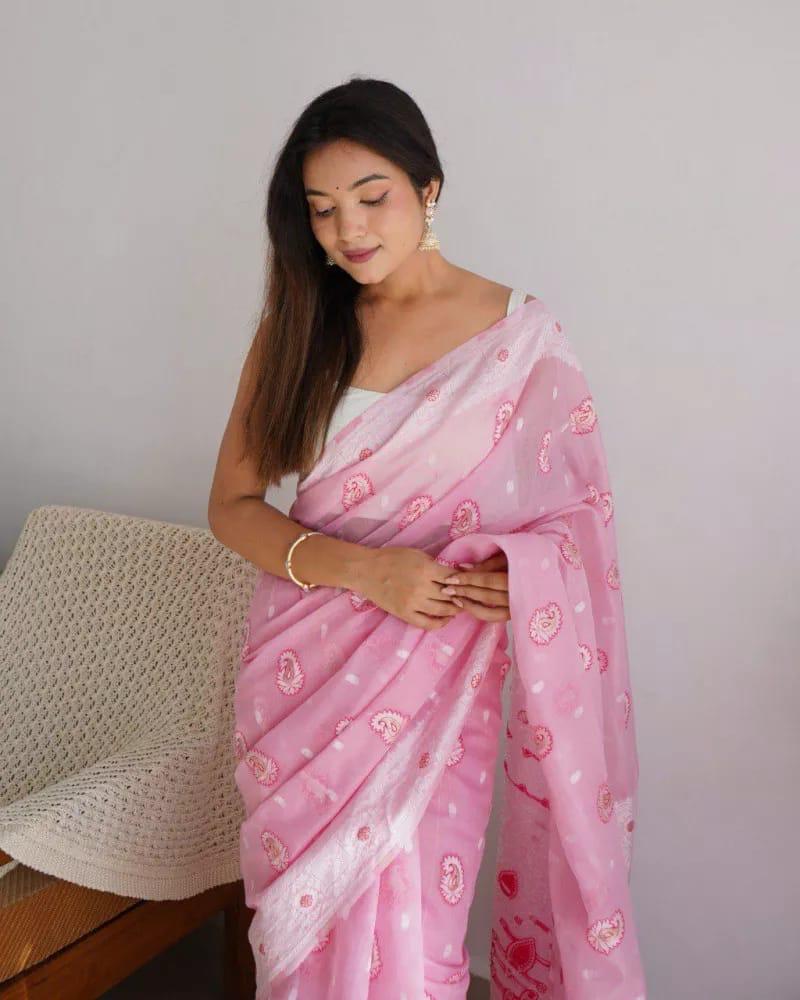 Majesty Baby Pink Cotton Silk Saree With Attractive Blouse Piece