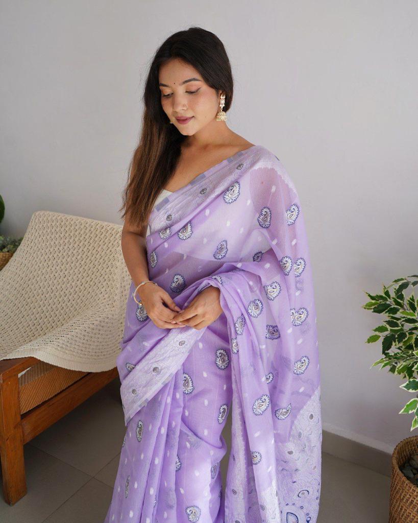 Mesmeric Lavender Cotton Silk Saree With Precious Blouse Piece