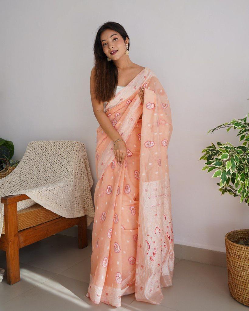 Blissful Peach Cotton Silk Saree With Lovely Blouse Piece